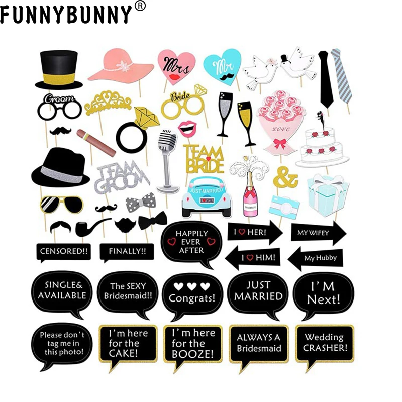 

FUNNYBUNNY Wedding Photo Booth Props Kit Bridal Shower Photo Booth Prop with Wooden Dowels for Wedding Shower Party Supplies