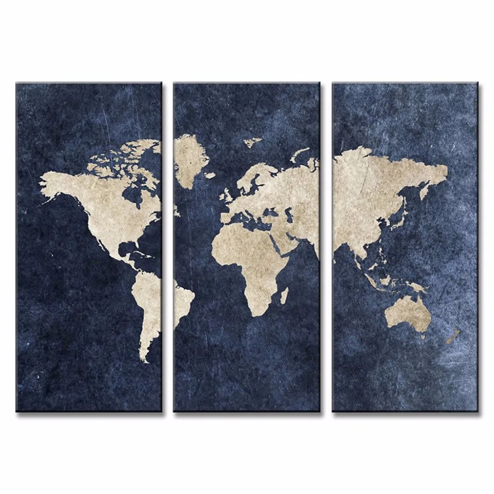 HD печать 3 панели абстрактная темно-синяя карта мира напечатанная Картина на холсте картина маслом на холсте домашний декор Настенная картина PT1646