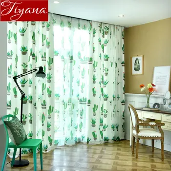 

Green Curtains Sheer for Living Room Kitchen Door Window Drapes Tulle Curtain Rustic Linen Printed Voile Plant Fabrics T&204#30