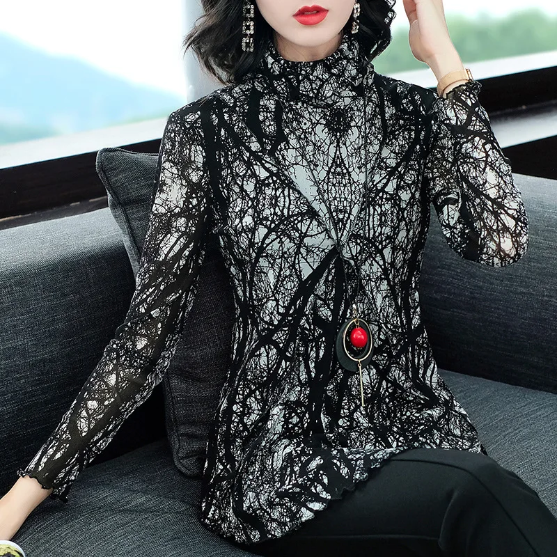 

2018 Autumn Winter Tops Women Turlteneck Geometric Print Long Sleeve Tops Female Hollow Out Mesh Sexy Top Plus Size XXL Tops