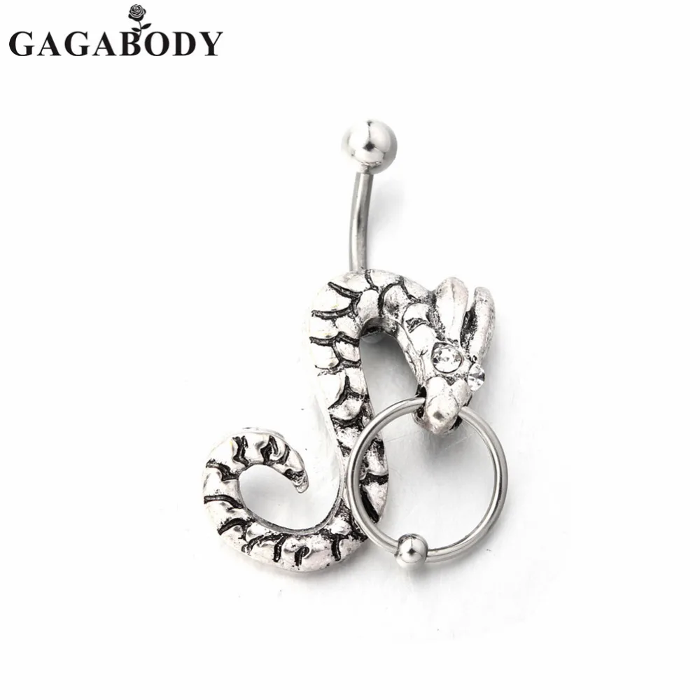 GAGA 316L Surgical Steel CZ Snake Reverse Belly Bar Ring Body Piercing