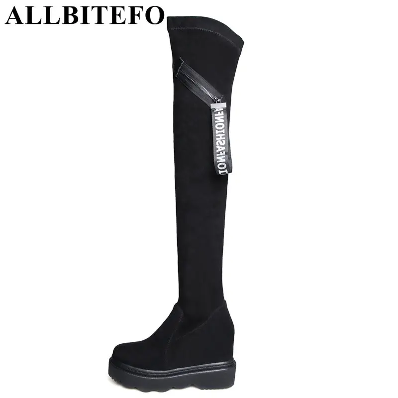 

ALLBITEFO over the knee high boots Stretch material high heels platform women boots wedges heel girls boots sapatos femininos
