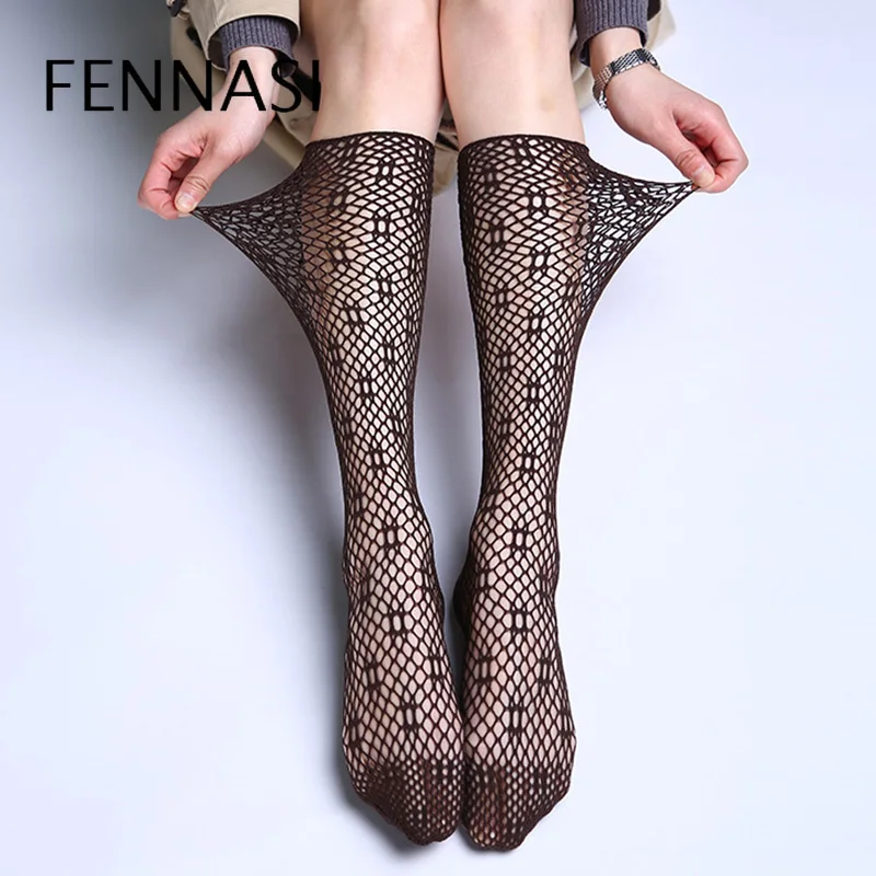 Black FENNASI Harajuku Нейлоновые женские ажурные носки женские черные повседневные индивидуальные носки с полым принтом сексуальные женские носки - Цвет: Black
