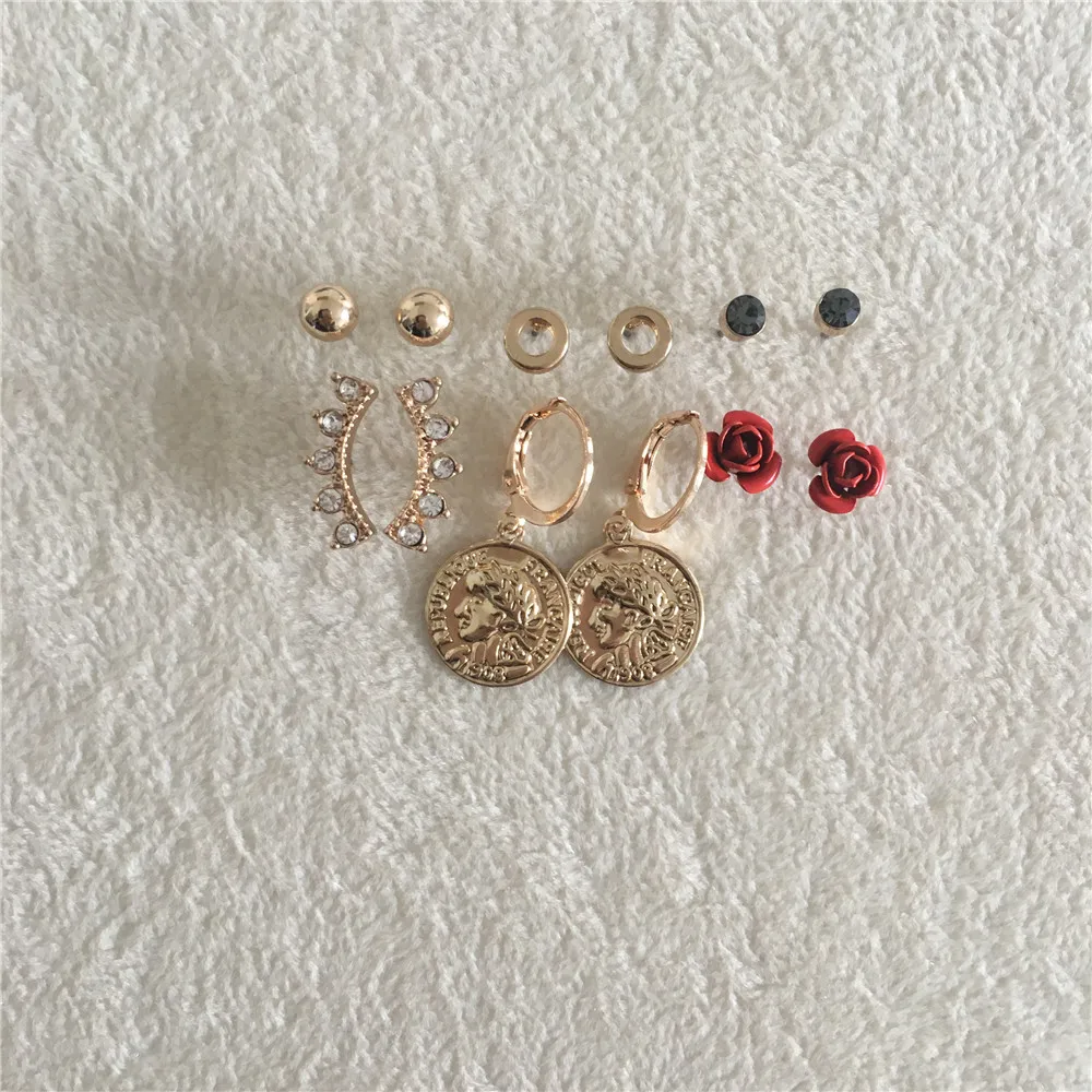 

PRETTY WOMEN EARRINGS GOLD COLOR PLATING CLEAR STONE RED FLOWER 6 PAIR STUD EARRINGS SET
