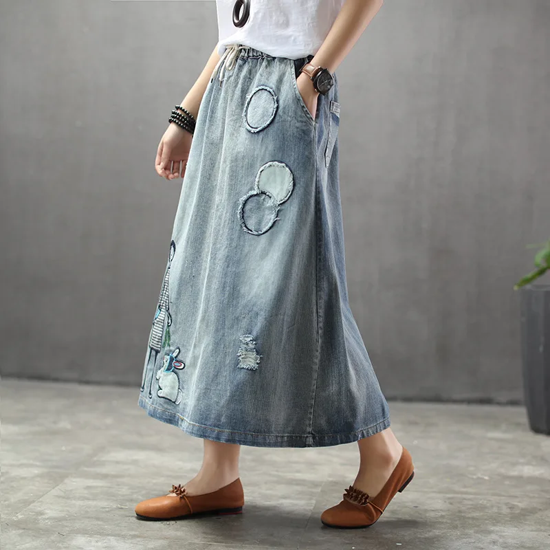 Джинсовая юбка в этническом стиле с принтом кролика в стиле ретро для маленьких девочек; женская юбка с эластичной резинкой на талии