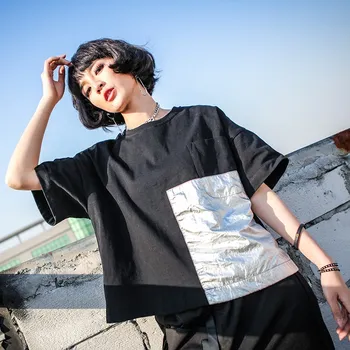 

Streetwear Summer Balck Crop Top Women Loose T Shirt Sliver Pocket Punk Rock Cotton Tee Shirt