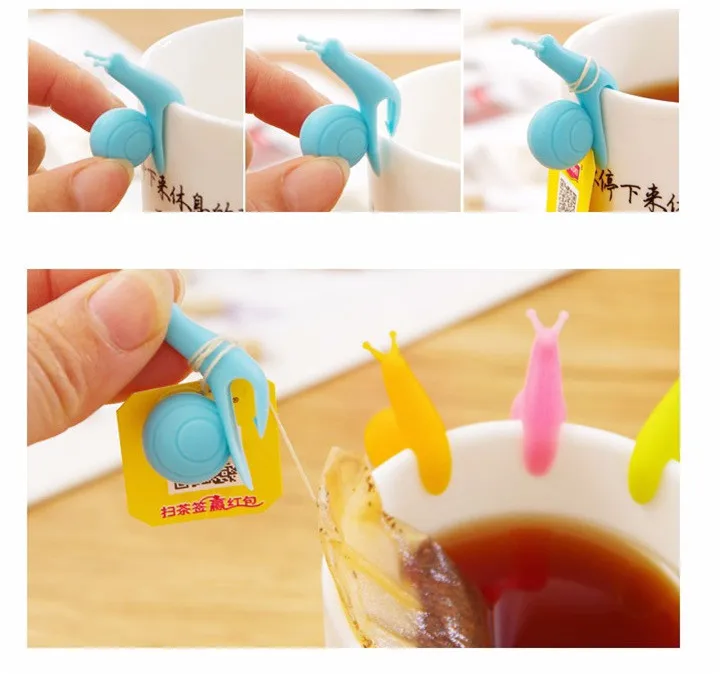 4 5PCS Cute Snail Silicone Tea Bag Hanging Mug Cup Clip Tea Infuser Easter Birthday Party Supplies Wedding Decoration Kids Gifts