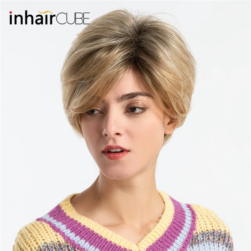 INHAIR cube 8 дюймов женские парики Ombre синтетические смешанные волосы натуральные пушистые Волнистые Короткие парики с челкой Бесплатный подарок Европейский стиль