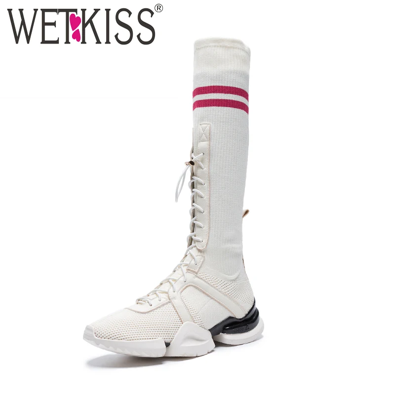 

WETKISS Knee High Boots Round Toe Knitting Footwear Cross Tied Female Boot Stretch Casual Platform Shoes Woman 2018 Autumn White