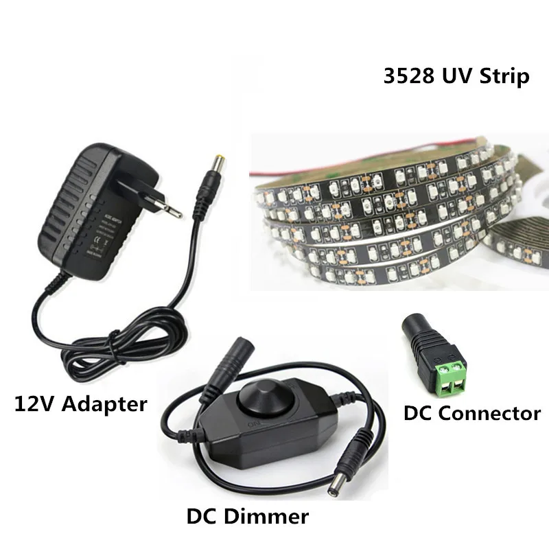 DC12V 3528 SMD led фиолетовый ультрафиолетовый УФ 395-405nm гибкий Светодиодные ленты черный светящаяся лента лампа+ 12 V адаптер питания+ диммер