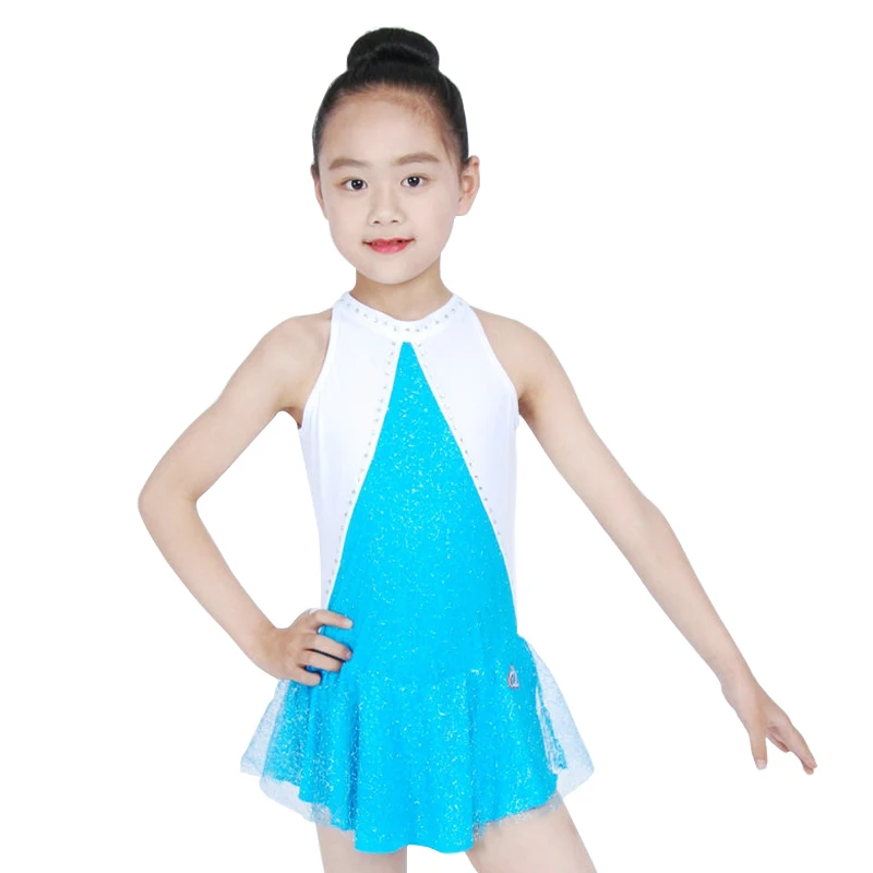 

Customized Costume Ice Figure Skating Gymnastics Dress Competition Adult Child Girl Skirt Performance Blue White Triangle