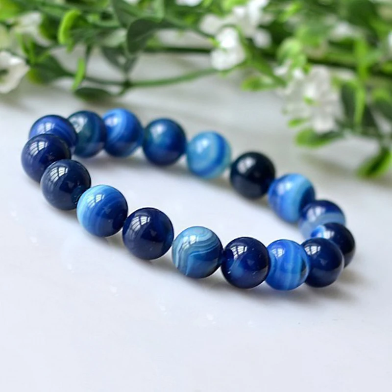 MOROW Charm Natural Stone Bracelets High Quality Sea Blue Agates Round Beads Fashion Yoga Elastic Rope Bracelet for Womens Mens (10)