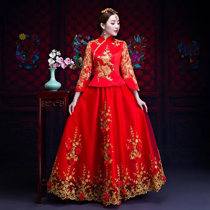 Handmade Embroidery Women Oriental Style Qipao Royal Bride Red Wedding Dress Chinese Marriage Cheongsam Suit Toast Clothes - Цвет: Flower 2