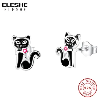 

ELESHE Animal Collection 100% 925 Sterling Silver Cute Cat Stud Earrings for Women Girls Fashion Enamel Earrings Jewelry