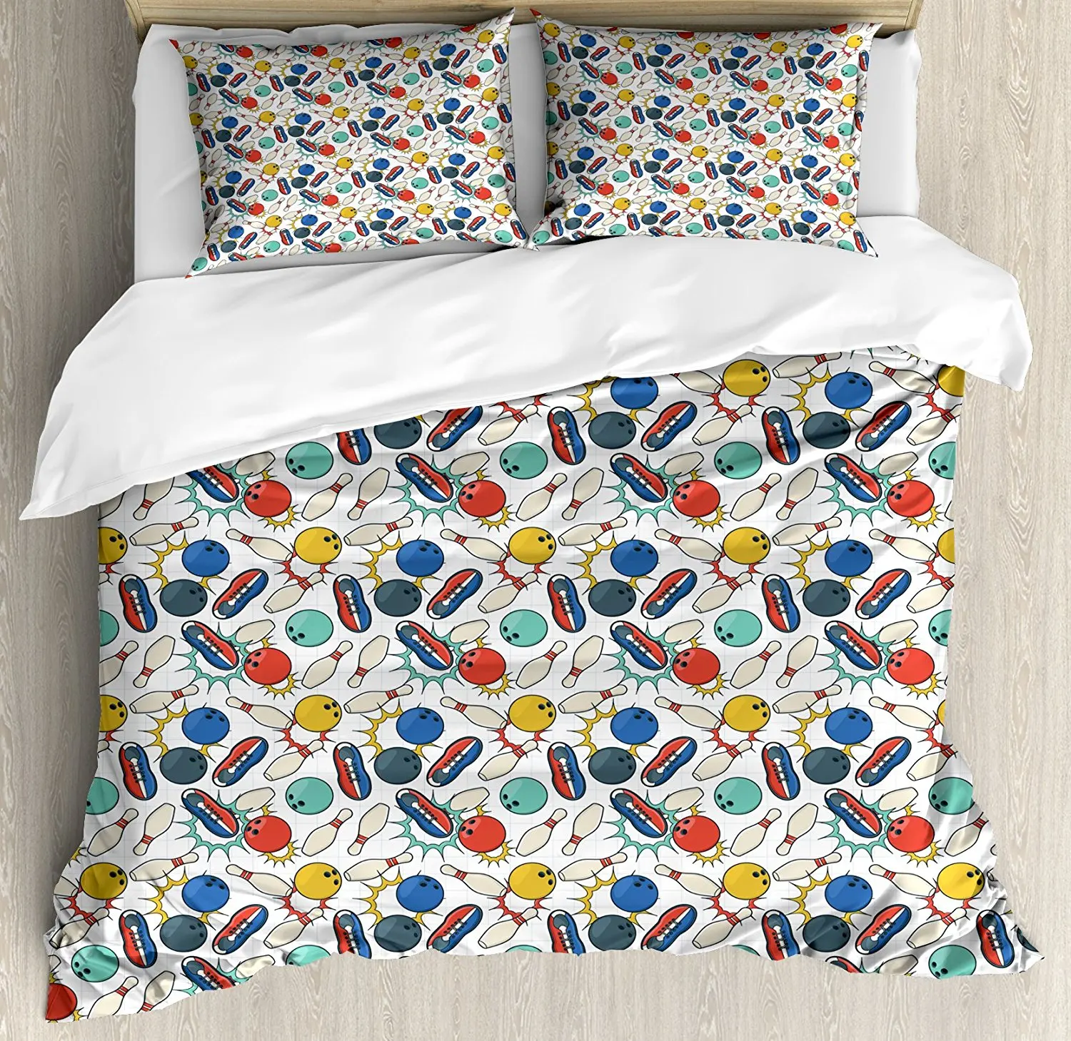 

Bowling Duvet Cover Set Color Doodle Design on Notebook Sheet Backdrop Ball Pins and Shoes in Retro Style,4 Piece Bedding Set