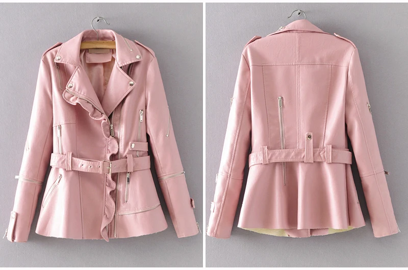 YNZZU новые модные женские мягкие Куртки из искусственной кожи Ruched мотоциклетные молнии Байкер розовый тонкий пальто Верхняя одежда с поясом YO603