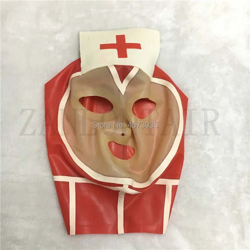 

new design fashion sexy exotic women female handmade latex red spliced hoods mask nurse maid style back zipper customize size