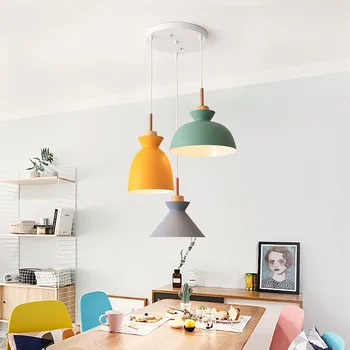 

Nordic solid wood dining room color led restaurant lamp Macaron iron pendant lamps Creative Simple bar children's room lighting