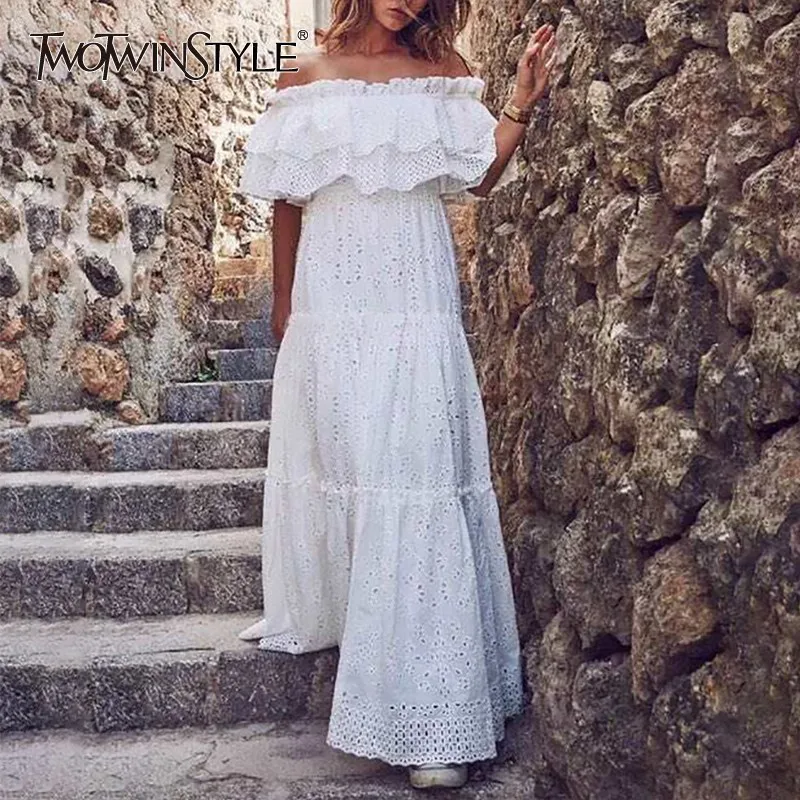 TWOTWINSTYLE Elegant Hollow Out Women Dress Slash Neck Off Shoulder Puff Sleeve High Waist Slim Maxi Dresses Female Fashion 2020 TWOTWINSTYLE Elegant Hollow Out Women Dress Slash Neck Off Shoulder Puff Sleeve High Waist Slim Maxi Dresses Female Fashion 2020