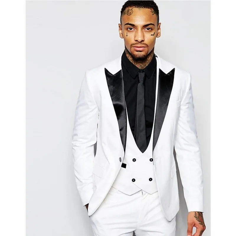 

New Arrival Customized White Men Suits For Wedding Prom (Jacket+Pants+Vest) Slim Fit Men Suit Groomsman Best Man Groom Tuxedos