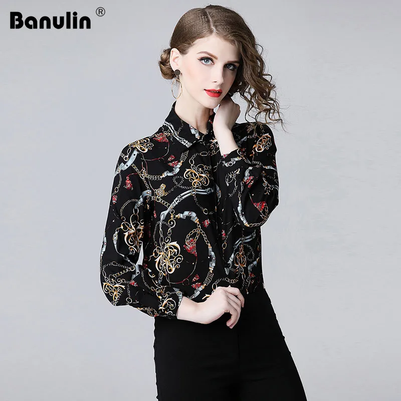 

Banulin Women Vintage Chain Patchwork Print Smock Shirt Blouses Women business Casual Femininas Blusas Long Sleeve Retro Tops