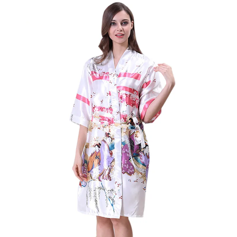 Women Silk Elegant Robe Plus Size Bathrobe Knee Length Sexy Kimono Robe