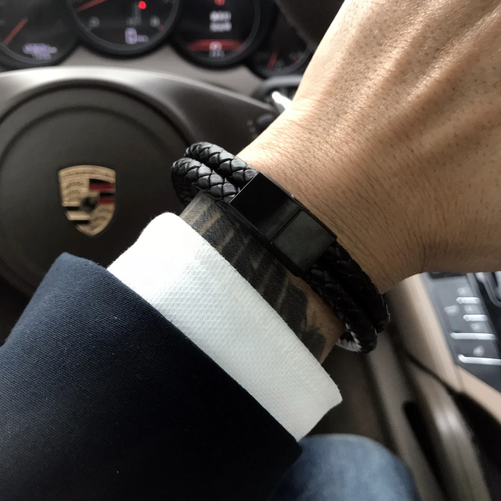 Beste Mcllroy Armband Mannen Echt Leer Roestvrij Staal Luxe Mannen Armband Gevlochten Leer Magneet Armband Sieraden Erkek bileklik