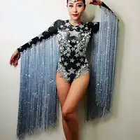 Fringed คริสตัลผู้หญิงชุดแจ๊สเครื่องแต่งกาย Rhinestone เซ็กซี่บอดี้สูทสีดำนักร้องนักเต้นไนท์คลับ Stag Party Jumpsuit DJ210