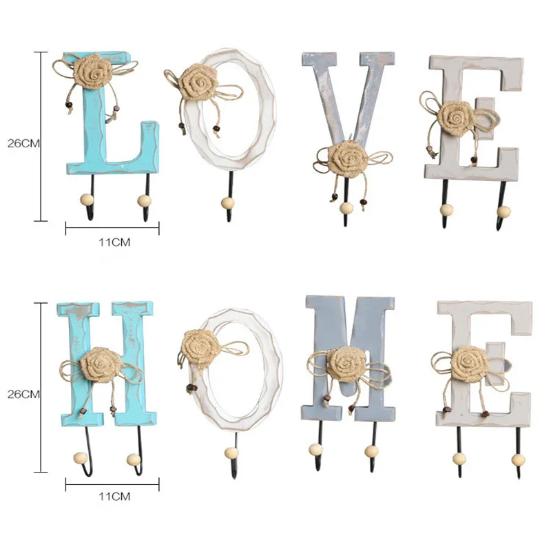 

4pcs/set American creative coat hook LOVE HOME wall hanging coat hook coat rack wall wooden decorative towel bag hook