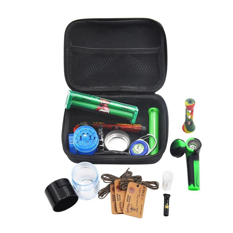 

Tobacco Bag Set Plastic Herb Grinder Storage Jar Metal Tin Silicone Smoking Pipe One Hitter Rolling Machine Glass Tips