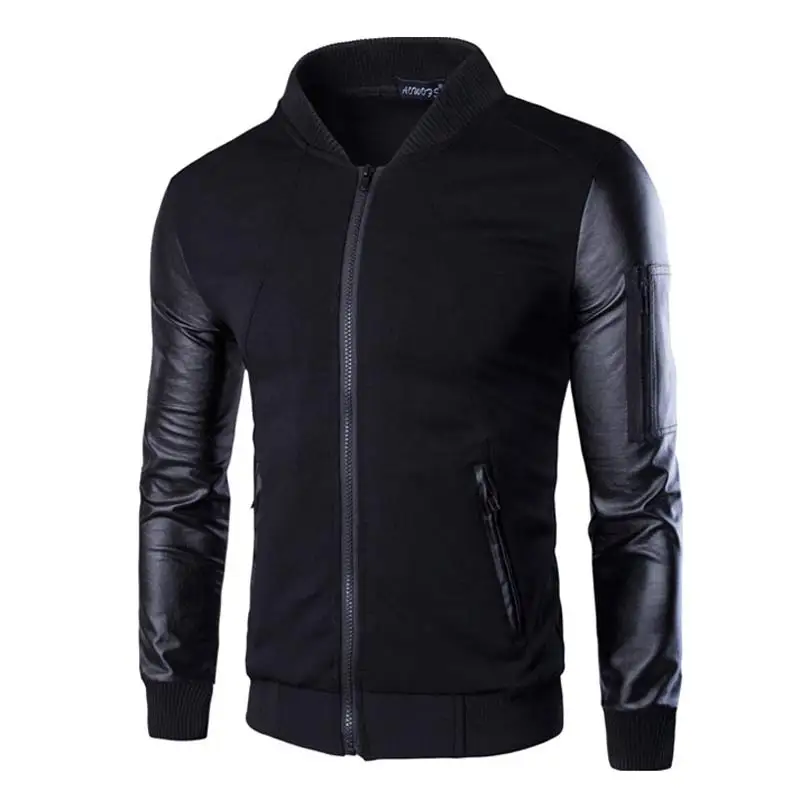 New Black Bomber Jacket Men Veste Blouson Homme 2016 Mens Fashion Pu Leather Sleeve Splice Zipper Basebakk Jacket Men Jacket