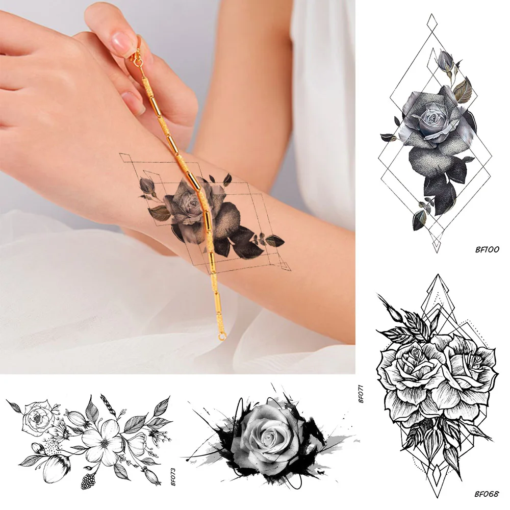 

Geometry Rhombus Temporary Women Tattoo Flower Sexy Rose Black Body Art Painting Tatoos DIY Water Transfer Fake Tattoo Stickers