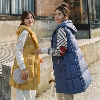 

new Winter Long vest women Casual Slim thick warm Autumn hooded sleeveless waistcoat long zipper female cotton padded jacket