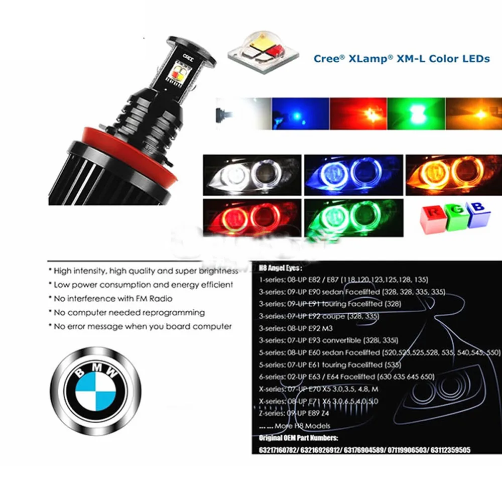 2 шт. Ангельские глазки H8 RGB Wi-Fi многоцветный светодиодные фонари для разметки canbus для BMW E60 X5 E70 X6 E71 E90 E91 E92 M3 E89 E82 E87