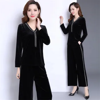 

Spring Women Sporting Suit Sets Ladies V Neck Casual Golden Velvet Sweatshirt+Loose Wide Leg Pants 2pcs Sets Tracksuit