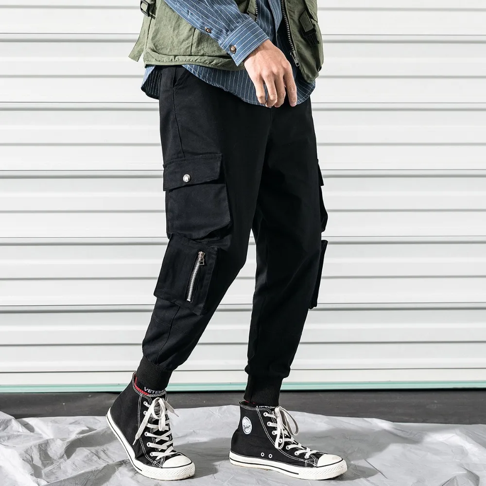 

2019 Spring Men's Cargo Pants Fashionable Casual Pencil MaleTrousers Full Length Pockets Elastic Waist Midweight Solid Men Pants