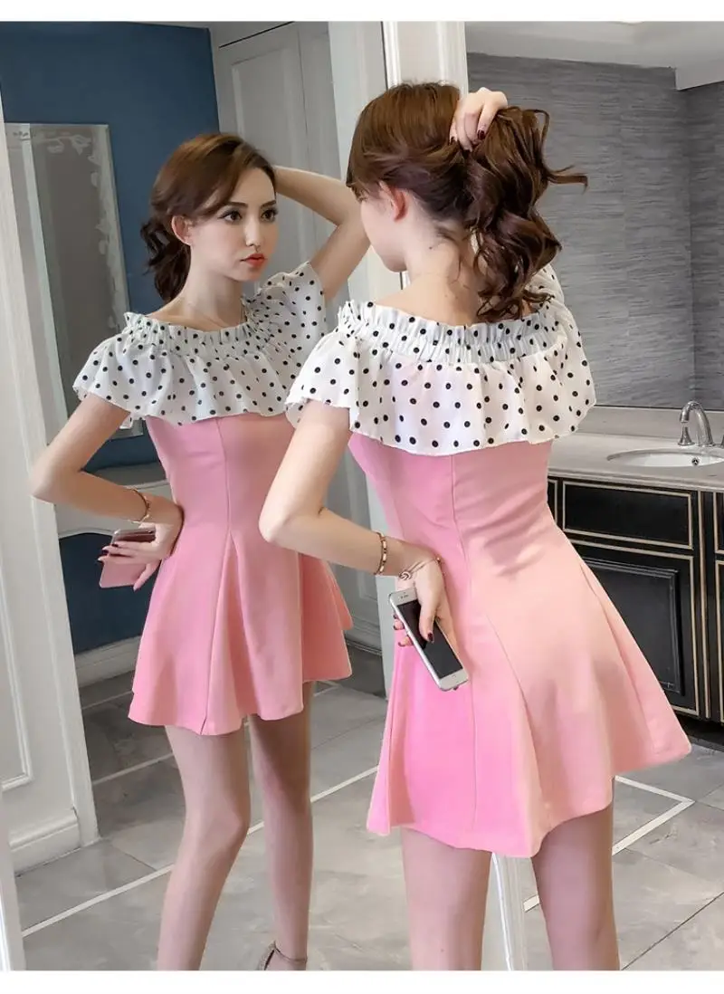 2018 New Arrivals  Summer  sexy dot dot shoulder stitching slim A short sleeved dress Free Shipping