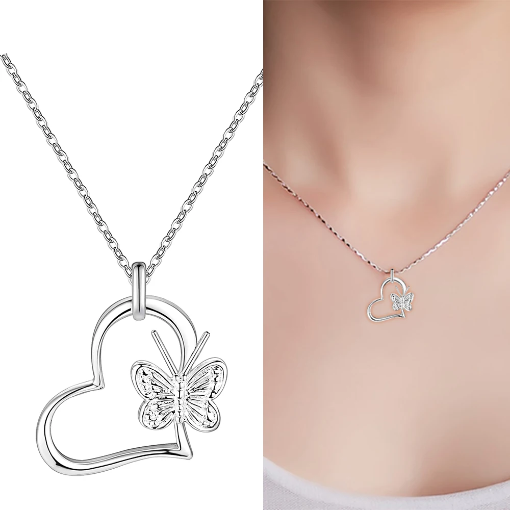 Модные серебряные красивые милые женские сердце кулон в форме бабочки Цветочное Ожерелье-цепочка Свадебные украшения