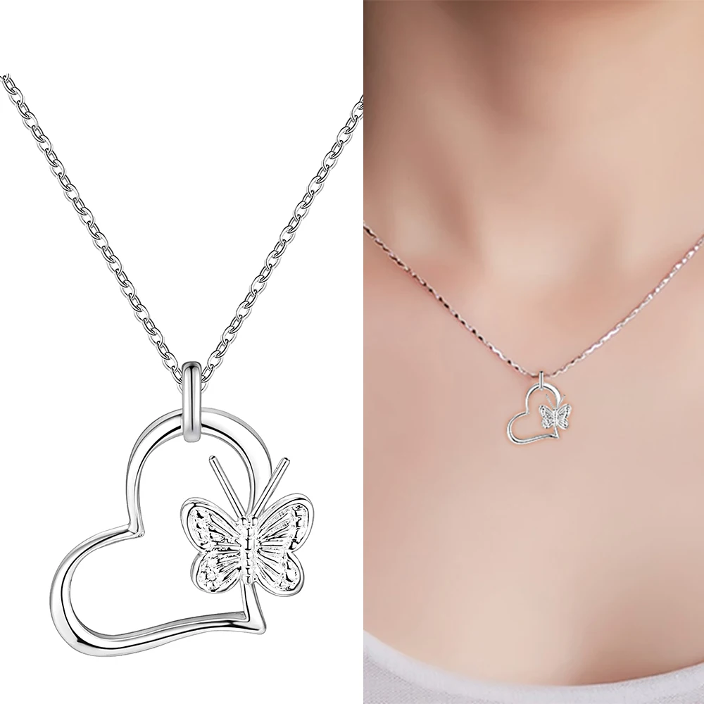 

Fashion Silver beautiful cute women Heart butterfly Shape Pendant flower Chain Necklace Wedding Jewelry