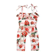 Мода одежда для маленьких девочек, с цветочным рисунком для детей; платье без рукавов, комбинезон с оборками Комбинезоны Комплекты одежды