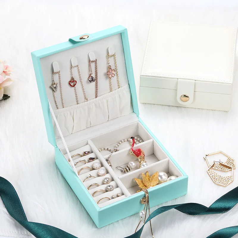 Travel Portable Jewelry Box Korean Cute Button Leather Jewelry Box Ring Earring Holder Display Jewellery Organizer Gifts Boxes - Цвет: BLUE