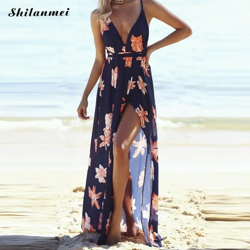 

Deep V Blue Floral Spaghetti Strap Beach Dress Swimwear Summer Beachwear Women Front Slit Female Dress Cover Up Women's Swimsuit