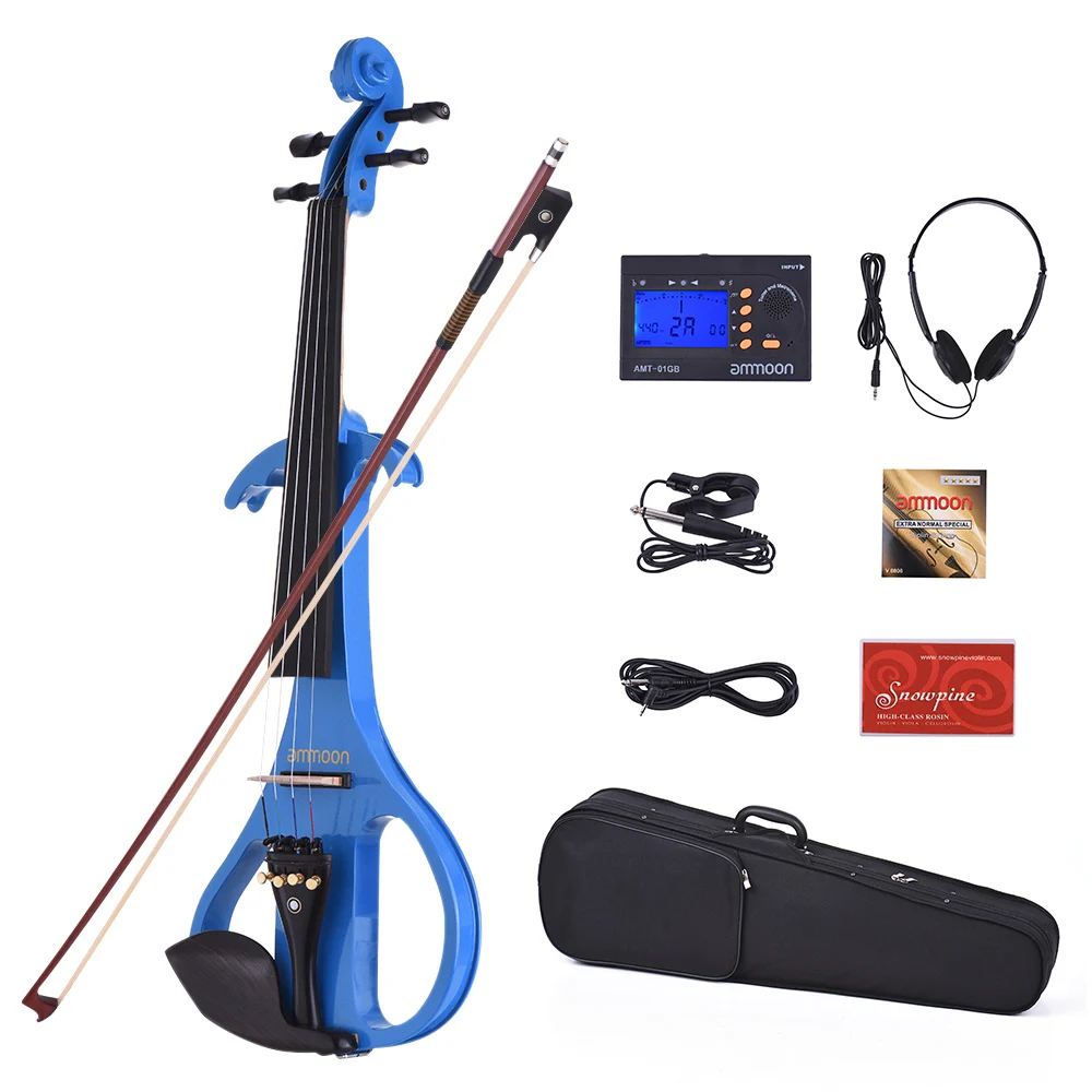 Ammoon VE-209 полный размер 4/4 Бесшумная электрическая скрипка из цельного дерева клен с бантом Жесткий Чехол тюнер наушники канифоль аудио кабель струны - Цвет: Blue