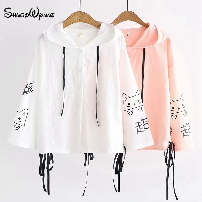 

2019 Spring Women Jacket Japanese Mori Girl Kawaii Cartoon Cat Bow Lace up Loose Hooded Casual Outerwear Female Cotton Coats
