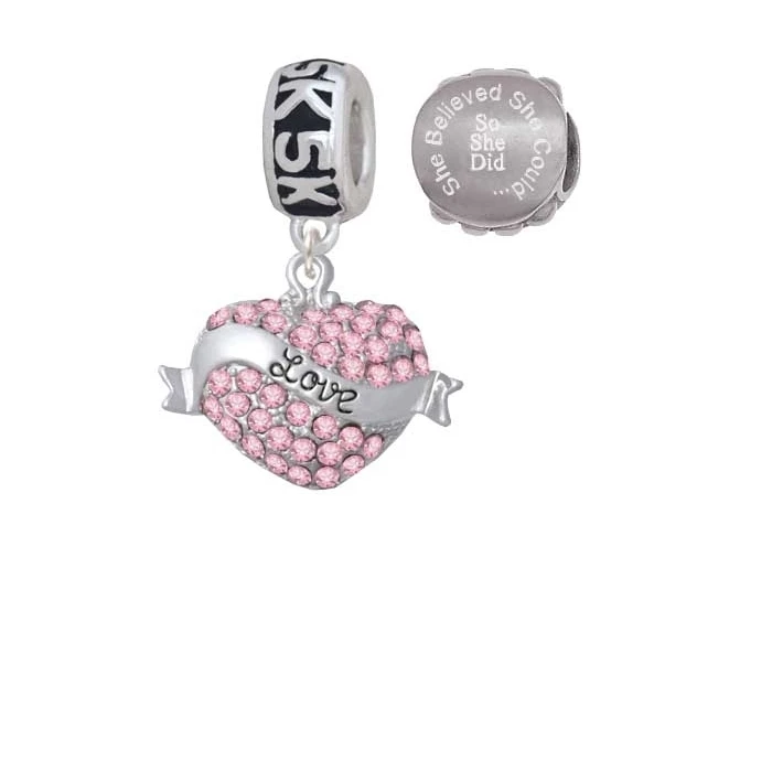 Silvertone Love Banner on Pink Crystal Heart 5K Run She Believed She Could Charm Beads (Set of 2)