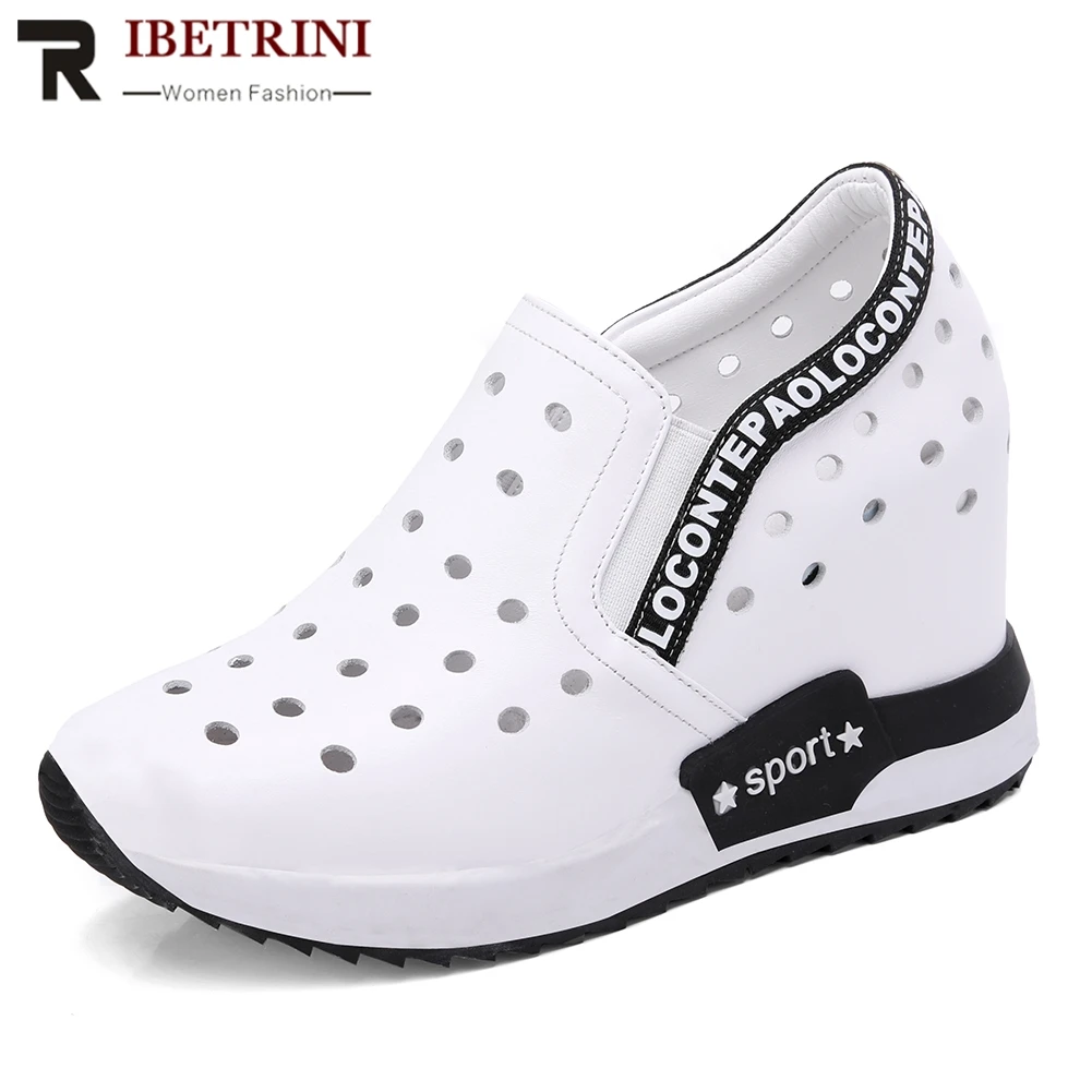 

RIBETRINI 2019 New Fashion Hollow Slip On Sneakers Genuine Leather Shoes Woman Casual Wedges Shoes Women Size 32-40