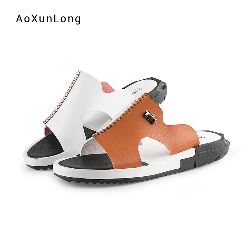 

2019 Summer New Men's Leather Slippers Fashion Breathable Outside Sandals Durable Beach Slippers Men Cowhide Non-slip Slippers