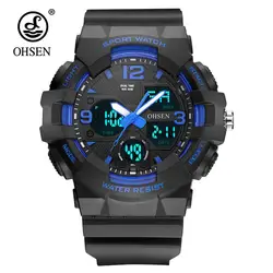 Модные кварцевые часы «ohsen» цифровые часы для мужчин Dual Time плавание спортивные часы мужской Relogio резинкой светодио дный LED Военная Униформа
