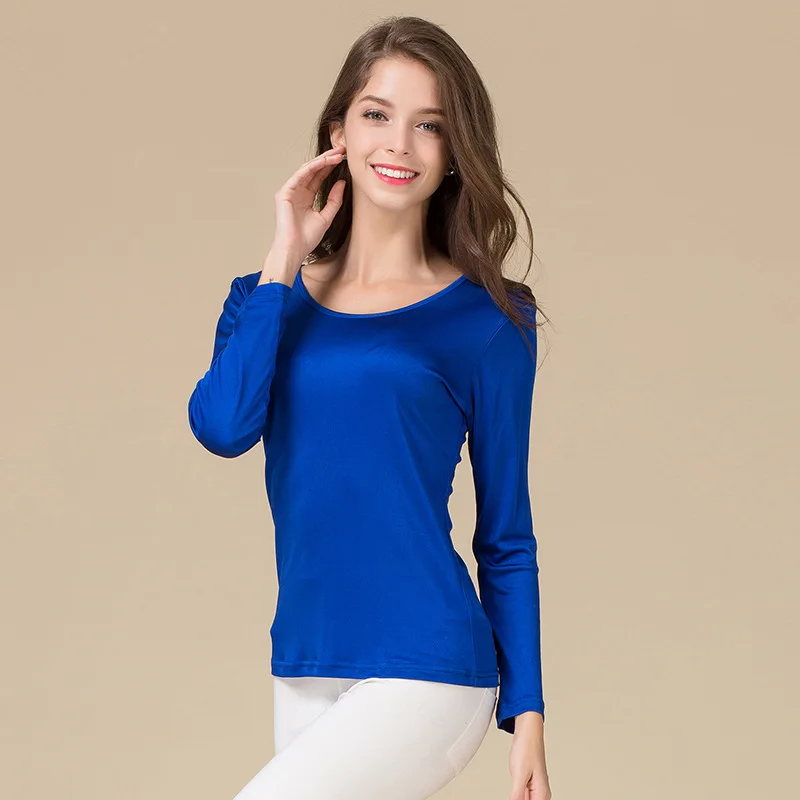 Чистый шелк, женские футболки с длинным рукавом, Женские базовые футболки с круглым вырезом, женские футболки, рубашка, топы, модные женские футболки - Цвет: Синий