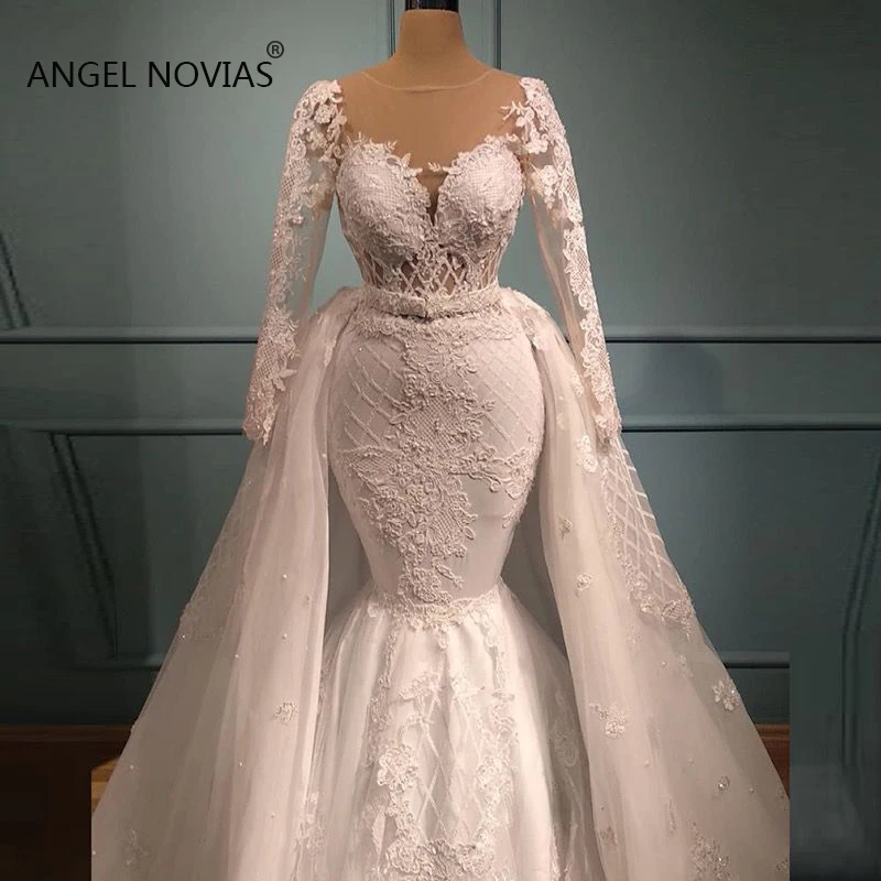 Белые кружевные свадебные платья русалки с длинными рукавами на заказ, со съемной юбкой, свадебные платья Boho Vestidos De Noiva